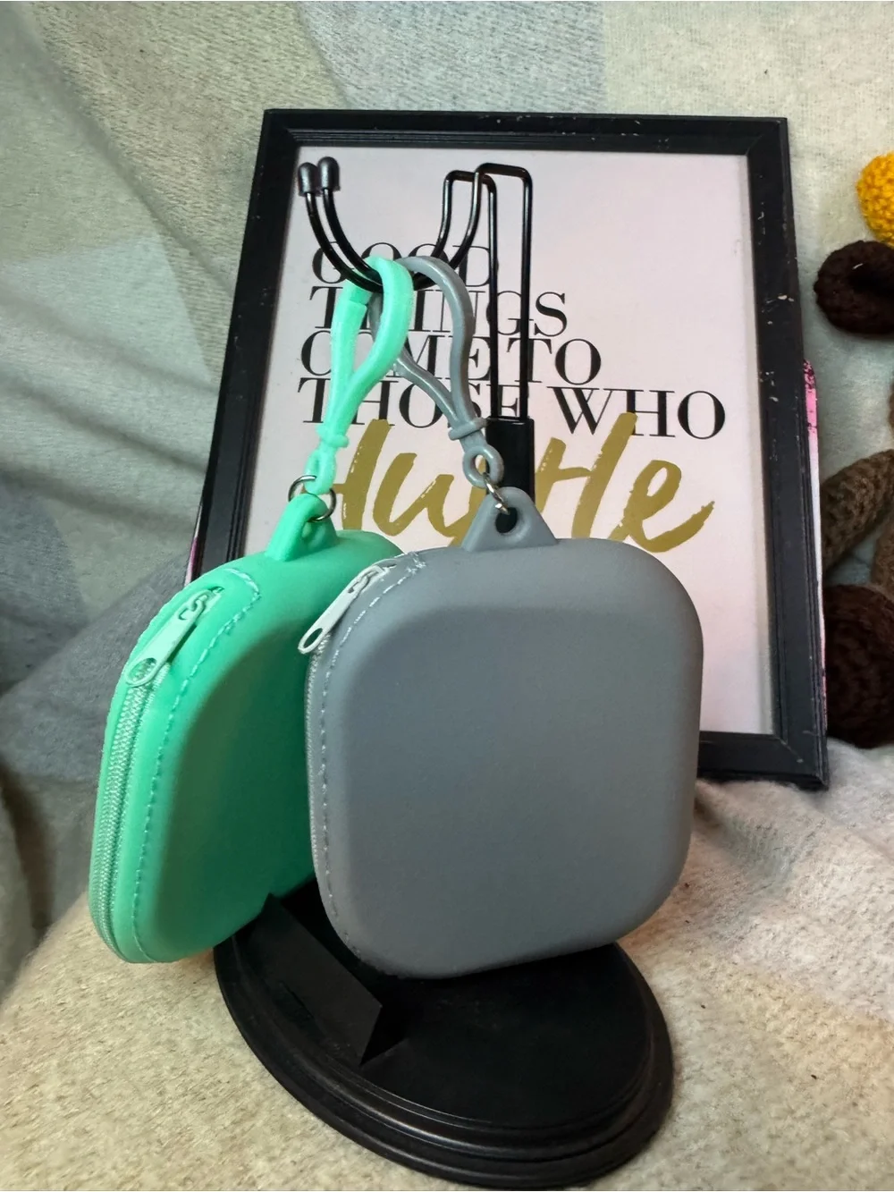 Mint Green & Gray Silicone Zip Pouch Duo with Key Clip